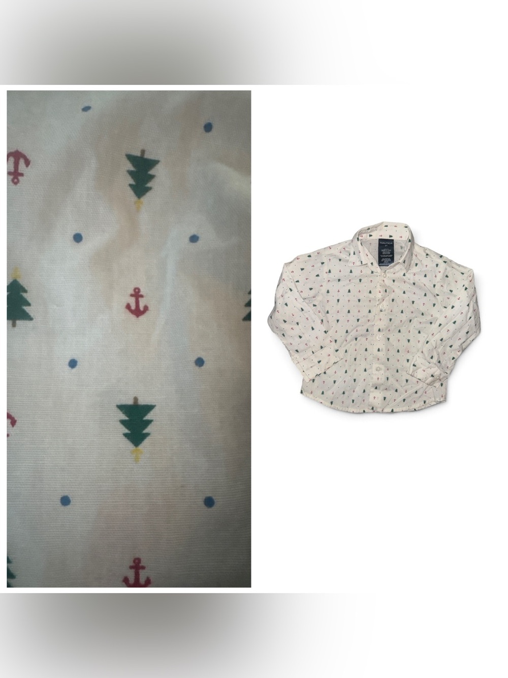Nautica Boys 2T White Button-Down Shirt with Green Christmas Trees & Red Anchors
